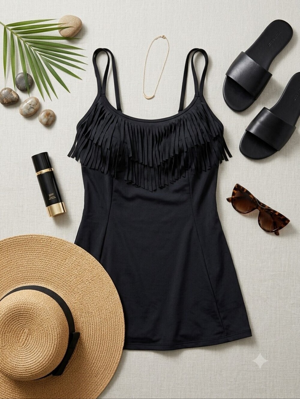 Great Lengths Black Ruffle Double Strap Dress One Piece Swimsuit